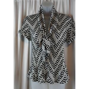 Sunny Leigh Polka Dots Bow Peplum Button Up Blouse  Black White M Career 66-31
